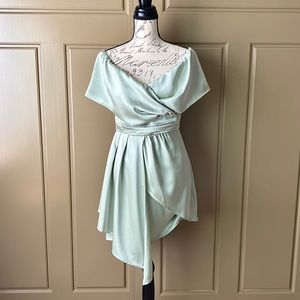 Lulu's Always Celebrating Sage Green Satin Off-the-Shoulder Mini Dress Size M.